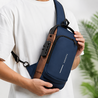 Morral Antirrobo Oxford Azul y Bronce
