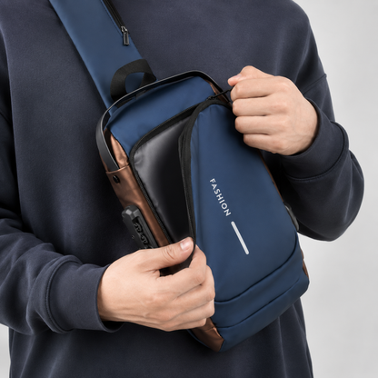 Morral Antirrobo Oxford Azul y Bronce