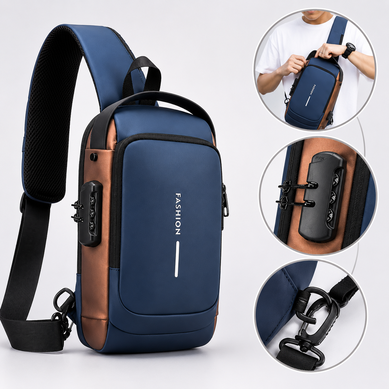 Morral Antirrobo Oxford Azul y Bronce