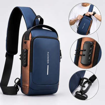 Morral Antirrobo Oxford Azul y Bronce