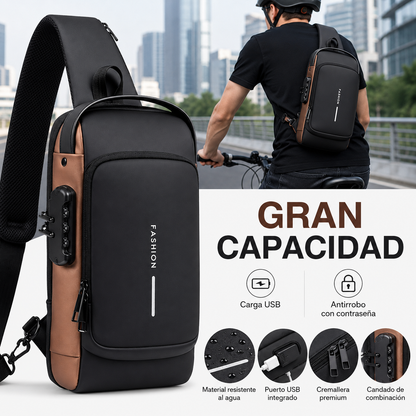 Morral Antirrobo Oxford Azul y Bronce